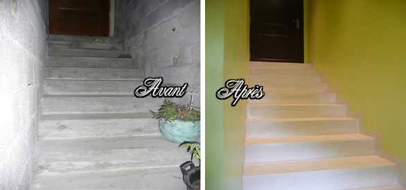 peinture dans une montée d'escalier et sol en béton ciré